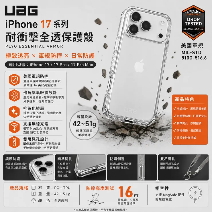 UAG iPhone 17ProPro Max 耐衝擊全透保護殼