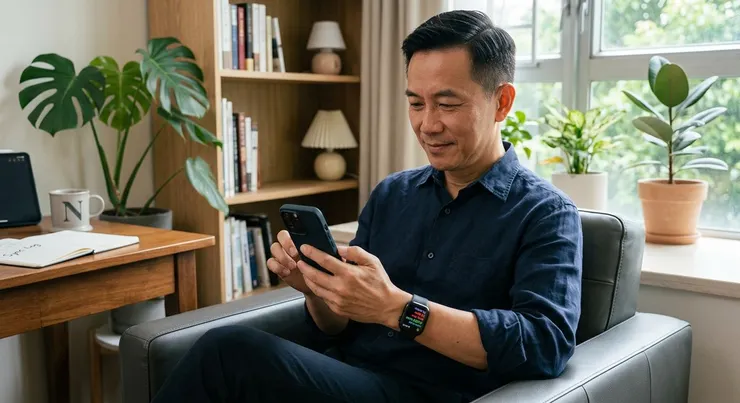 梁练伟在查看手机与手表同步的健康数据，评估穿戴设备对健康的监测效果。