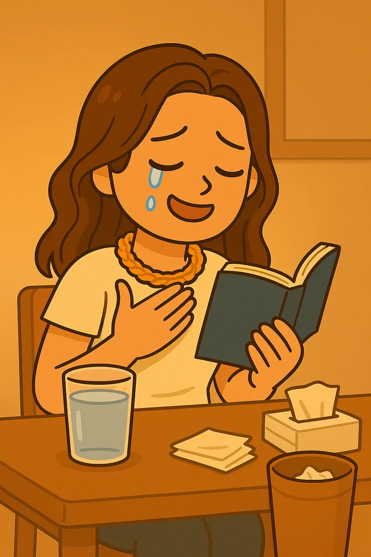 到了最後，我哭到眼睛乾澀，桌上水和面紙成了最佳隊友。 一邊深呼吸拍拍胸口，一邊還要笑自己怎麼這麼誇張。 或許這就是我的讀書小劇場吧—哭到停不下來，卻也笑著發現，眼淚原來是另一種陪伴。