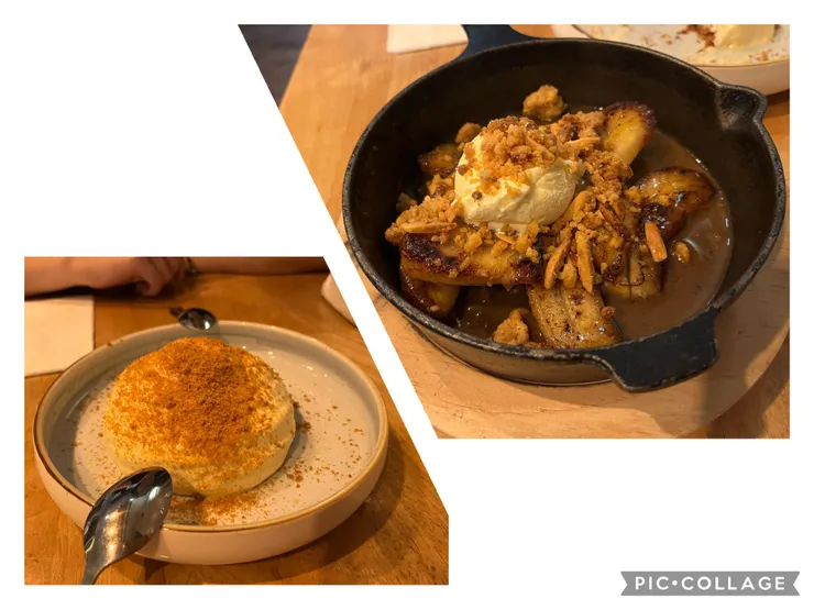 甜點，左提拉米蘇右香蕉香草冰淇淋。