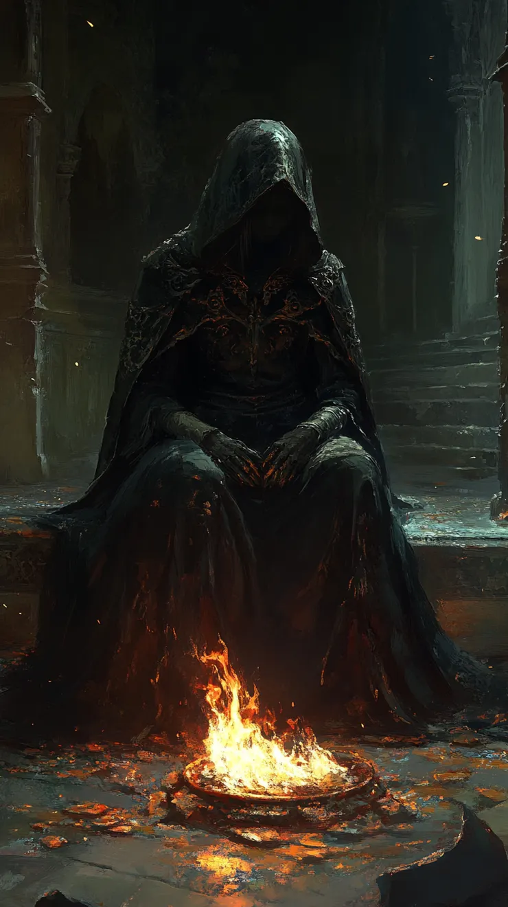 The Fire Keeper, kneeling before a dying bonfire.  Her face is completely obscured by her hood, emphasizing her mystery.  Ethereal flames flicker around her