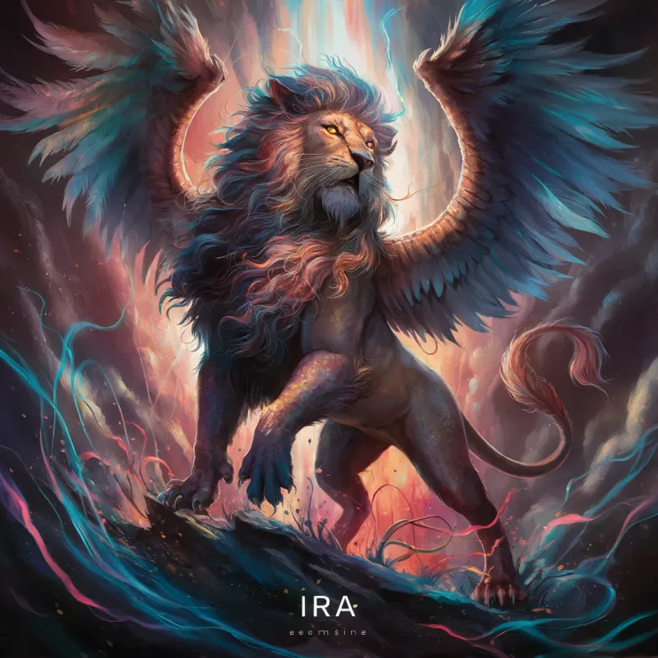 In this captivating painting titled "Ira," a majestic and powerful Ira, a legendary creature, stands tall amidst a whirlwind of colorful energy. The creature boasts the body of a lion, the wings of a dragon, and a serpentine tail. Its eyes glow with an intense, fiery passion, and its fur shimmers with a myriad of hues. The backdrop is a mesmerizing blend of swirling colors, creating a dynamic and dramatic atmosphere, showcasing the raw power and beauty of the Ira.