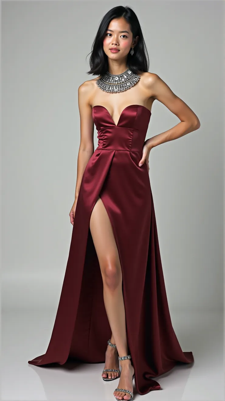 High-slit satin gown, statement necklace, ankle-strap heels( 高開衩緞面長裙，造型項鍊，踝帶高跟鞋 )