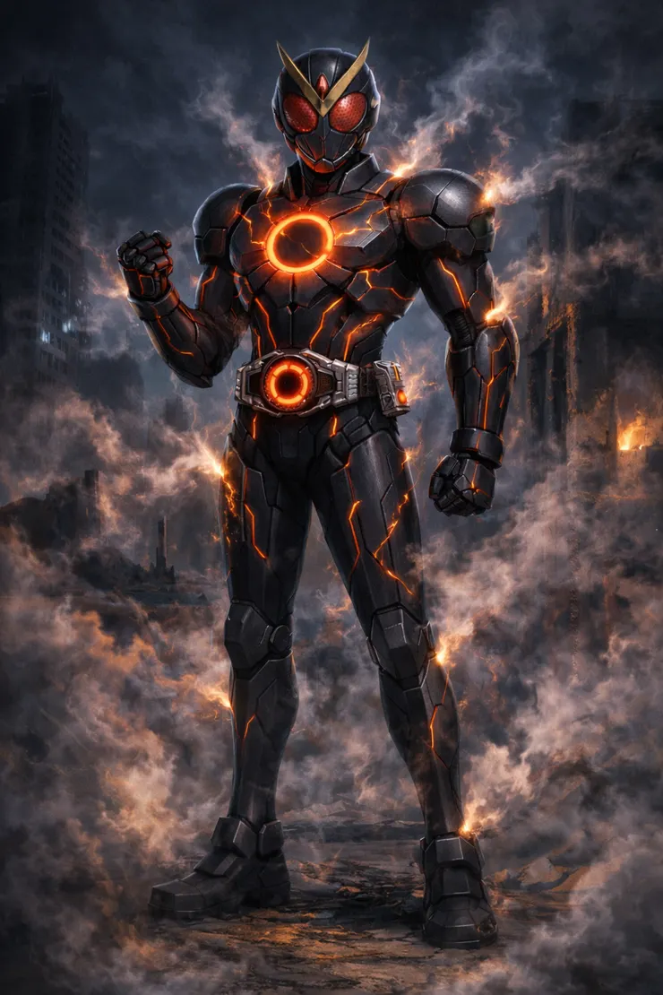 SOLKAB 變身完成的瞬間。裝甲縫隙藍色光子線條正被紅色的熱流吞沒、覆蓋。陽翔握拳低吼。