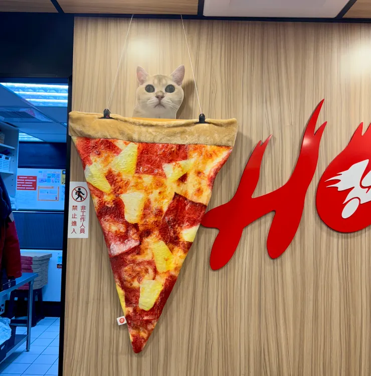 為了慶祝這一天，在必勝客買了鮮蔬披薩，等待時看到店內掛的可愛貓咪看板