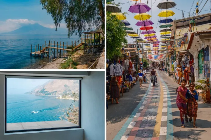 左上圖是湖景民宿的美麗碼頭,左下是湖景民宿的觀景窗,右圖為阿蒂特蘭湖最大的聚落 San Juan。