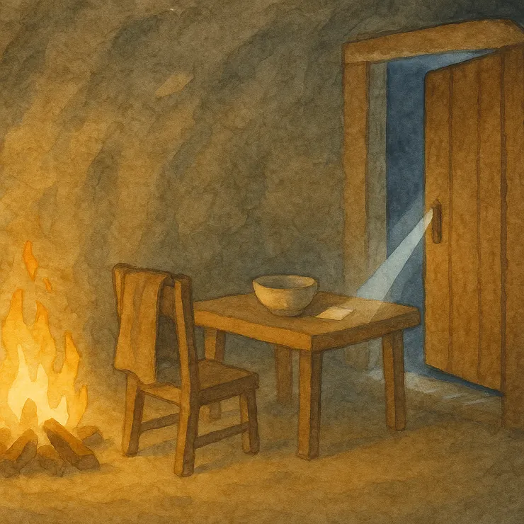 畫面只剩一扇半掩的門、三道粉痕和一小堆火，像把整個故事的規則，先縮進這一方石壁裡。