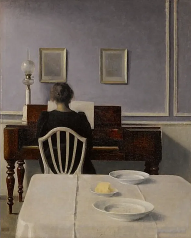 Interior with Woman at Piano, Strandgade 30 Vilhelm Hammershøi 1901, oil on canvas, 22 × 18 in (55.9 × 44.8 cm), private collection, New York, US