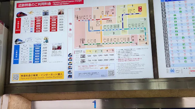 現場公告的票價表和特急座位價格表