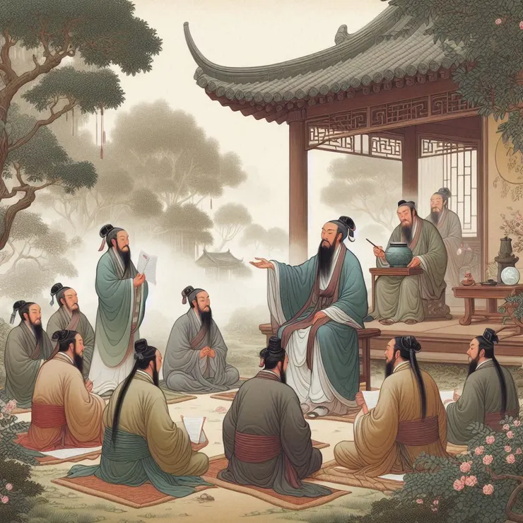 古代教學場景:孔子教導學生古典文獻,彰顯閱讀和學習的傳統價值。