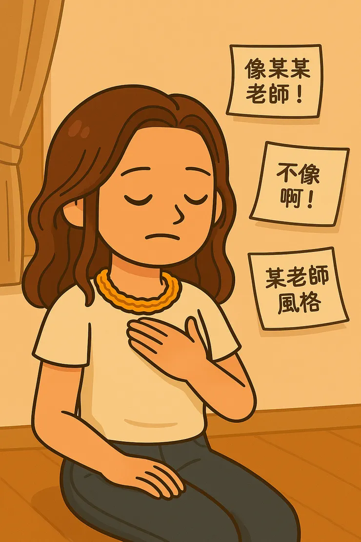 那時候的我，總被各種評語淹沒：「像某某老師！」「不像啊！」「某老師風格！」……每一句都像是標籤，被重重地貼在身上。其實我心裡很介意，卻只會笑笑帶過。現在回頭看，好像那時的我，根本就是在別人的話語裡找自己。結果最像的不是老師，而是「行動式黏貼板」啦～哈哈哈！