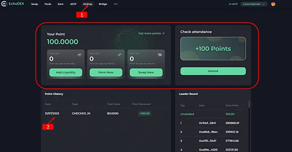 雙寶老爹空投日誌#005｜EchoDEX簽到得點，Linea主網交易次數+1