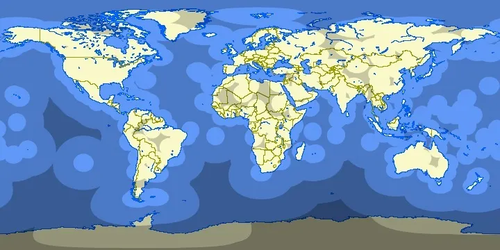 由淺至深分別為ETOPS-60、180、330允許飛行的範圍,可以發現ETOPS33允許的範圍幾乎遍布全球。 (使用Great Circle Mapper繪製)