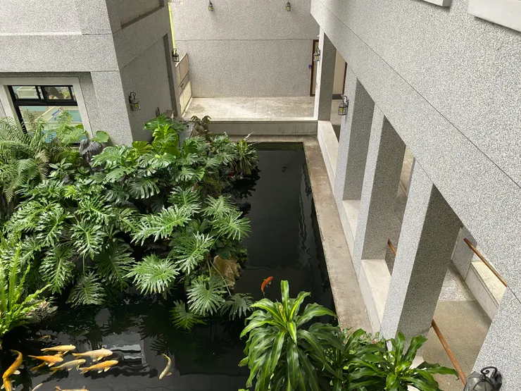 這個中庭設計了魚池，並有休憩平台