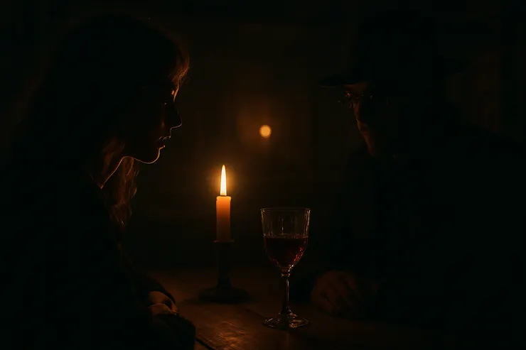 琥珀光下，曖昧與危險並生，半滿紅酒的反光，映出兩人之間未說出口的牽引。〈本章節插圖示意圖由AI協助生成。〉