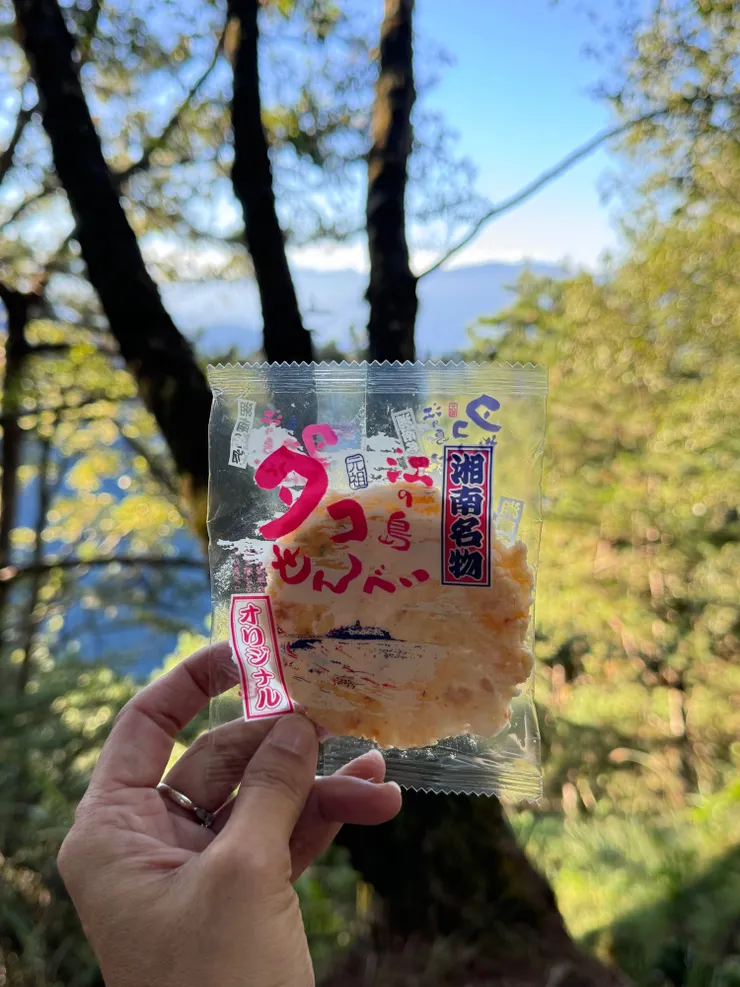 前陣子日本朋友來台灣玩送給我的零食，我全都揹上山吃光它！這個蝦餅好好吃！😋