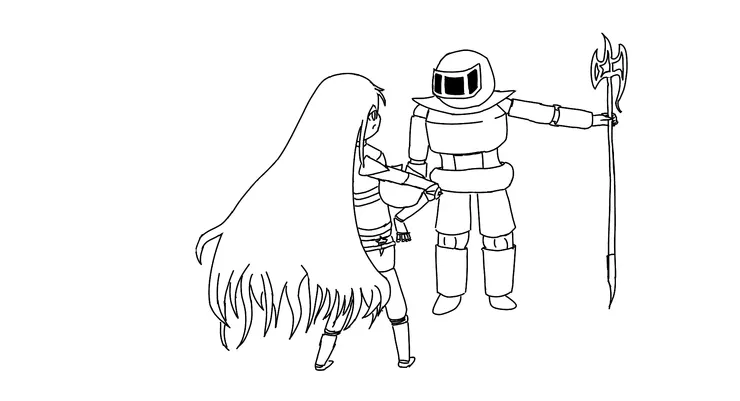 她穿著不合身的鎧甲,她加入了一些輔助設備才得以使用,因此看起來很詭異是正常的