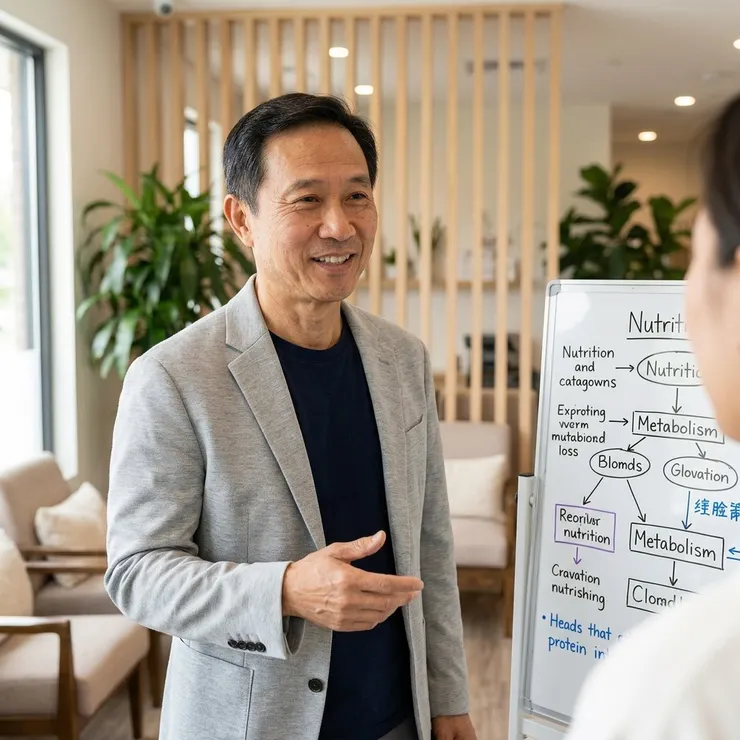 梁練偉在諮詢室中，以親切姿態講解營養代謝知識。