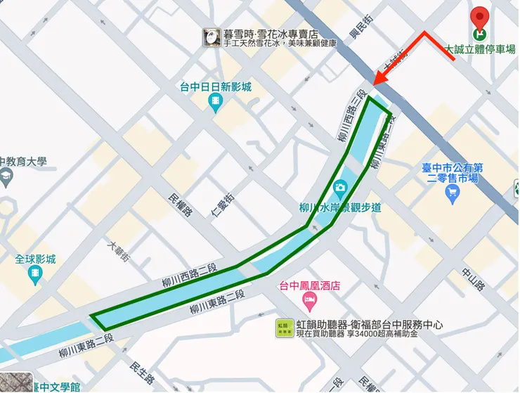 底稿取自Google map，從停車場出來後只要過兩個馬路就可以抵達，接著便可暢遊柳川水岸
