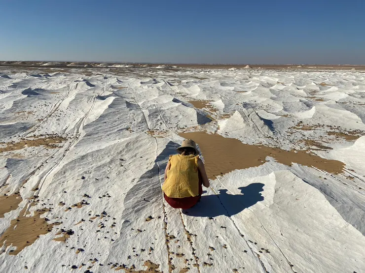 白沙漠像波浪一樣的石灰岩(經過數百年風蝕而成),證明撒哈拉沙漠曾經是一片汪洋大海 (我在撿化石)