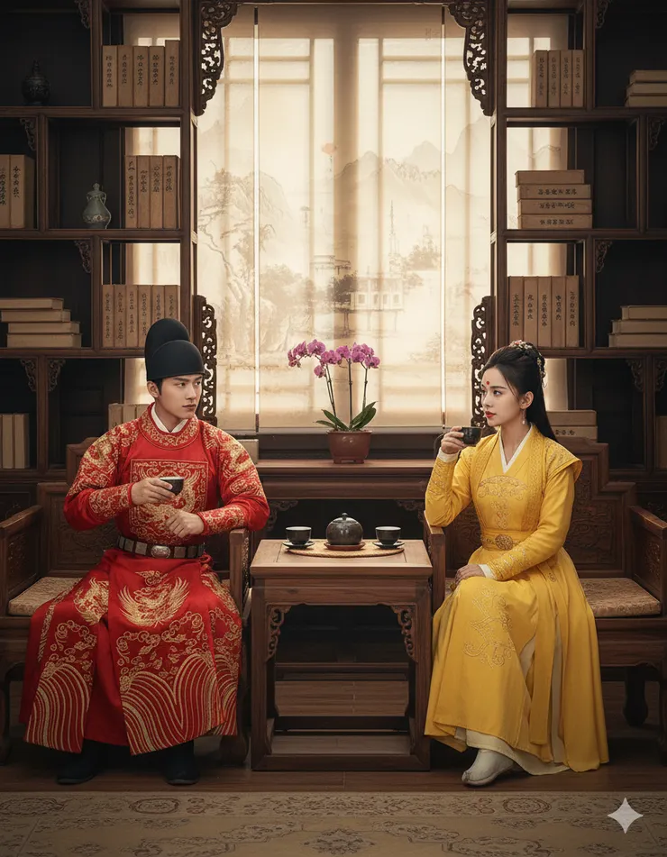 身穿紅蟒袍的郡王與黃衫貴女正在議事。