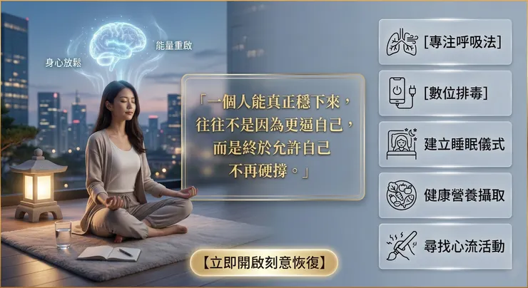打破這個循環，往往不是更用力逼自己，而是先替大腦降低阻力。把任務拆成更小的版本、在下班後安排刻意恢復、重新建立睡眠與生活節奏，通常比一味責怪自己，更能幫助人慢慢穩下來。