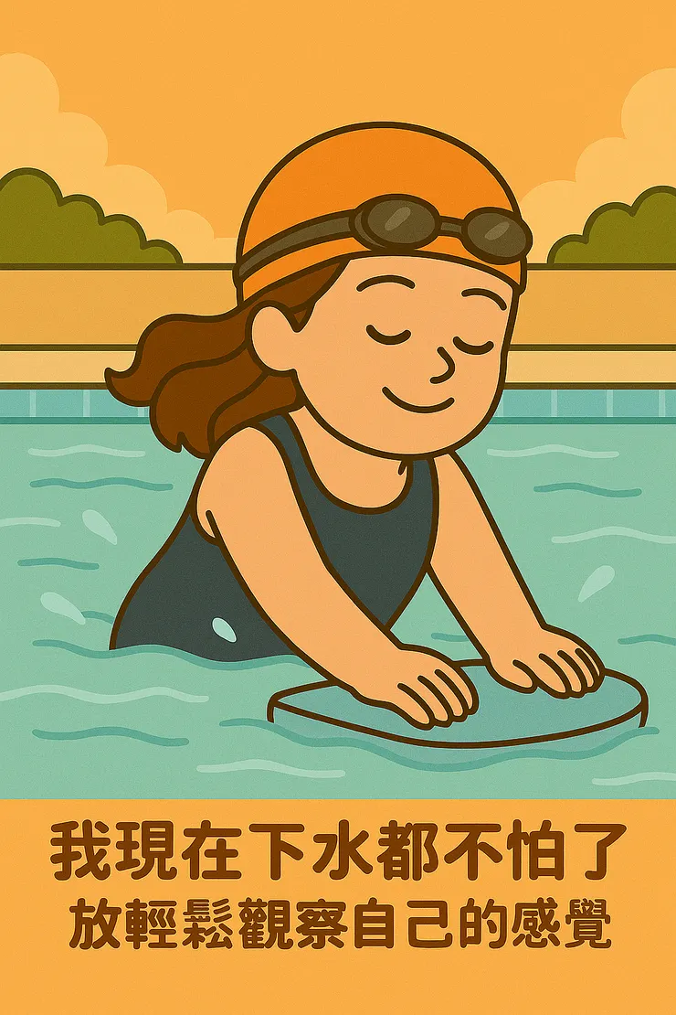 那一刻我沒有要趕，也不想證明什麼， 我只是一次一次，在水裡和自己的身體對話。  「欸，這次有動耶。」  然後我就記下那個感覺，再試一次。