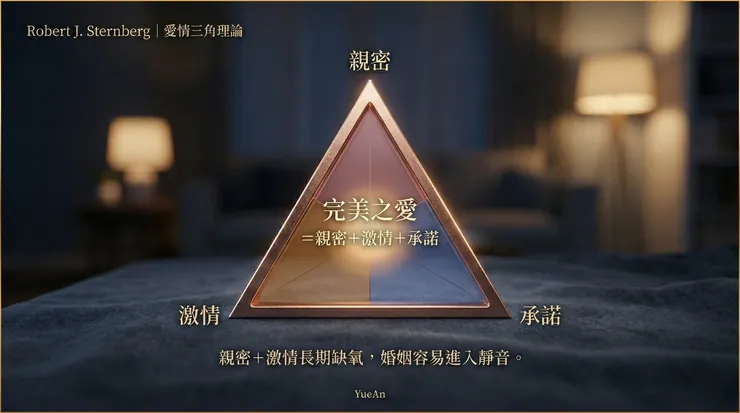 Robert J. Sternberg 的愛情三角理論。幫助我們自我檢測關係狀態；當親密與激情長期缺氧，婚姻便容易進入靜音。