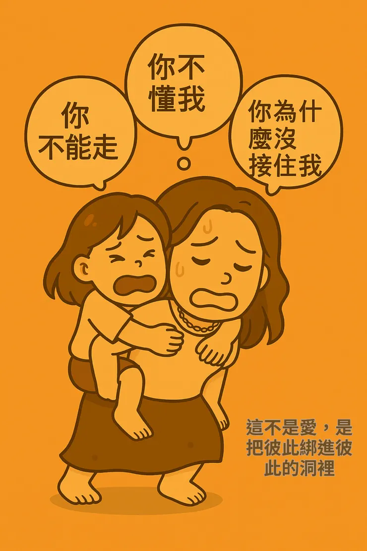 看起來像在相愛， 其實是情緒淹水警報。 一人哭、一人背， 一起在泡泡裡溺水，誰都上不了岸。