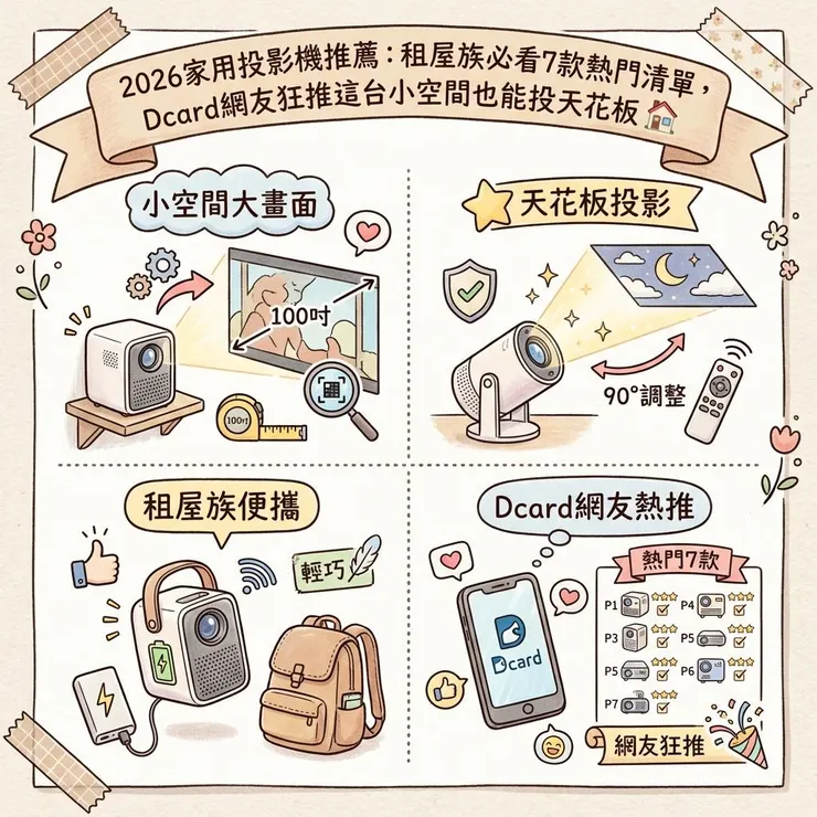 【家用投影機推薦】2026租屋族必看7款熱門清單，Dcard網友狂推這台小空間也能投天花板 🏠