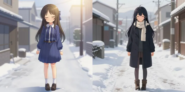 左圖：加上 LoRA，右圖：沒有加 LoRA。Prompt：amazing digital art, anime style, full body, zzArisuTachibana, sleepy eyes, snowy street, sunlight, cinematic lighting, highly detailed background, masterpiece, best quality