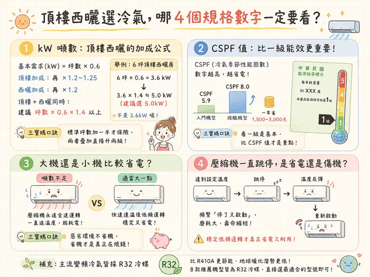 頂樓西曬冷氣怎麼選 kW噸數＋CSPF值 2026分離式變頻冷氣推薦 4大關鍵數字 三寶媽必看省電指南