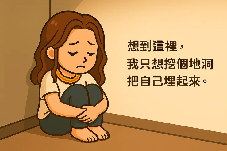 想到這裡，我真的只想挖個地洞把自己埋起來。 那種愧疚與自責，讓我覺得自己是壞人， 甚至不敢靠近任何人，只想縮到最小。