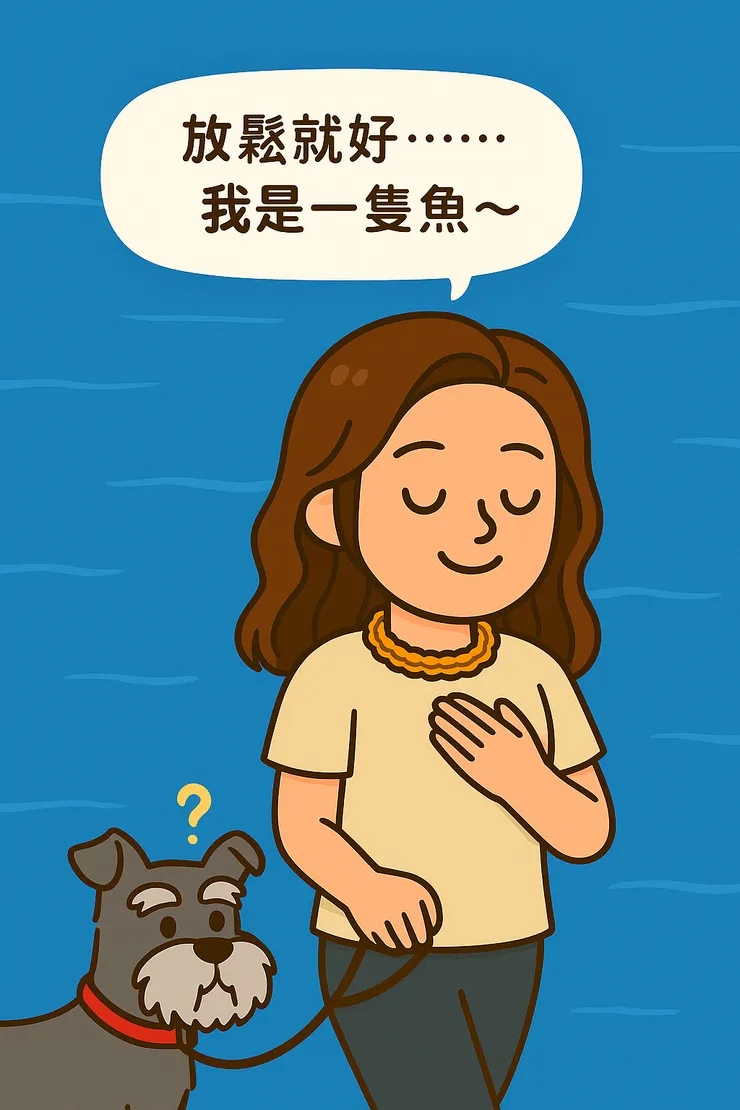 趁著下午腦袋稍微清楚，邊牽著我家小狗子散步， 一邊在心裡幫今天的游泳課做事後檢討⋯⋯ 我開始對自己喊話：  放鬆～放鬆～你就是一隻魚兒～🐟 不要怕水啊啊啊！