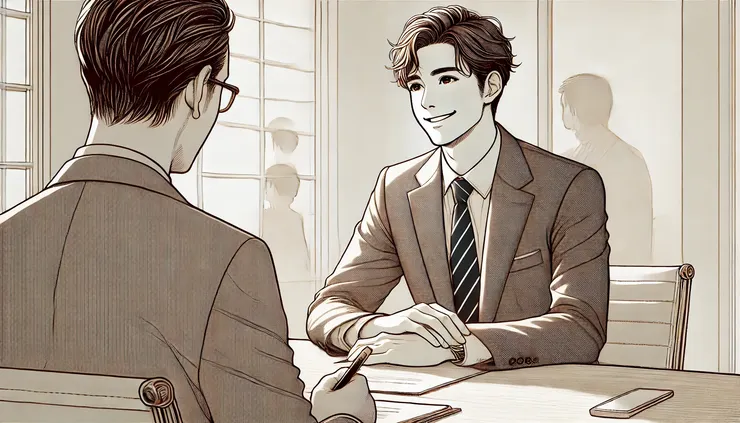 自信的中高齡專業人士在面試中微笑發言，與面試官對視交流