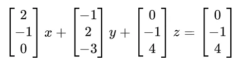 [ 2；－1；0 ] x ＋ [ －1；2；－3 ] y ＋ [ 0；－1；4 ] z ＝ [ 0；－1；4 ]