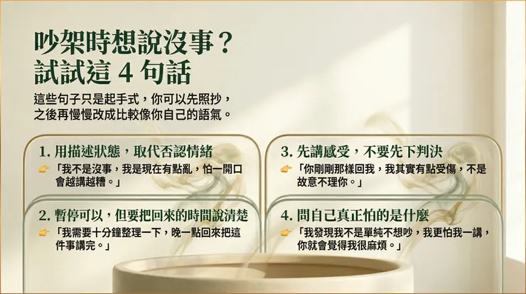 4 個打破冷戰與誤會的溝通句型，幫助你在情緒很滿時也能安全表達。（圖／悅安身心診所）