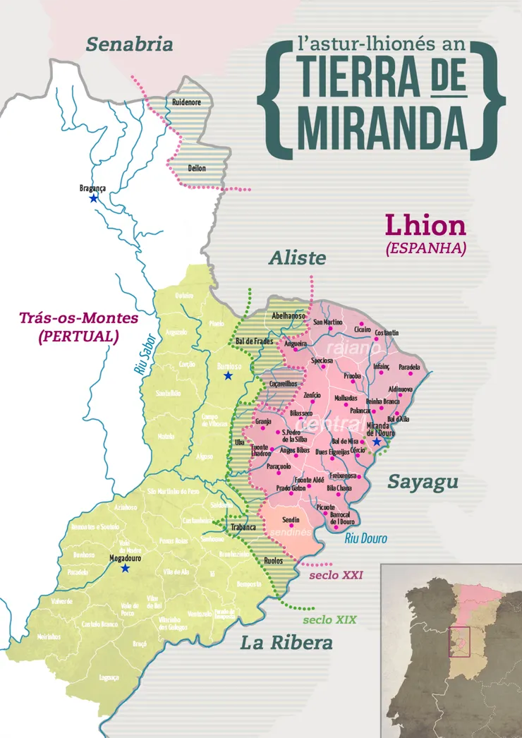 以「阿斯圖里亞斯 - 萊昂語」(米蘭德斯語) 標示的語言分布圖