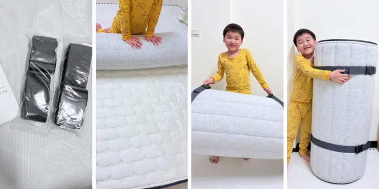 兒童薄床墊收納與搬運實拍，附收納束帶可捲起固定，小孩可輕鬆提起與搬動，輕巧不占空間，適合地鋪與小空間收納