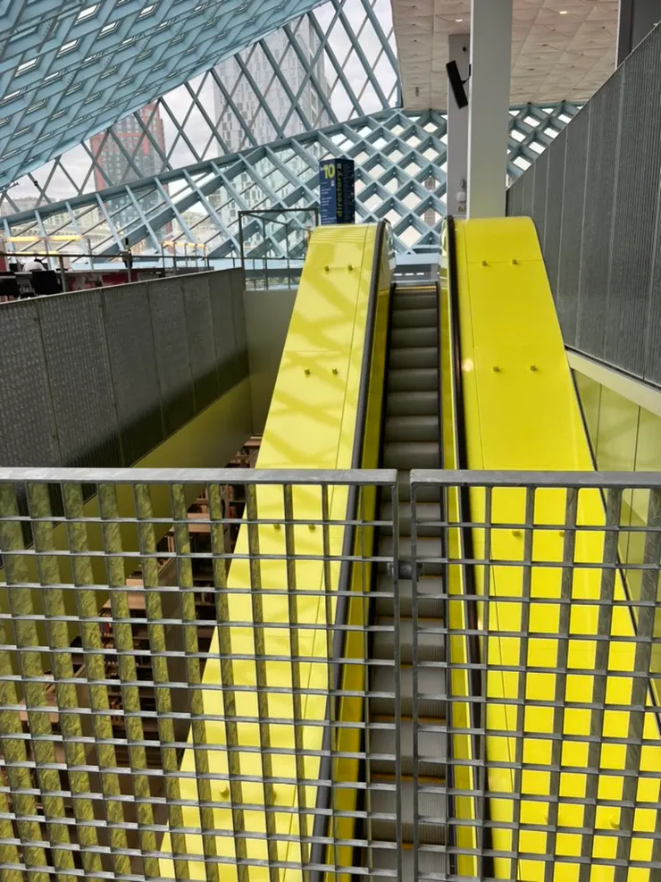 The escalator goes through every story