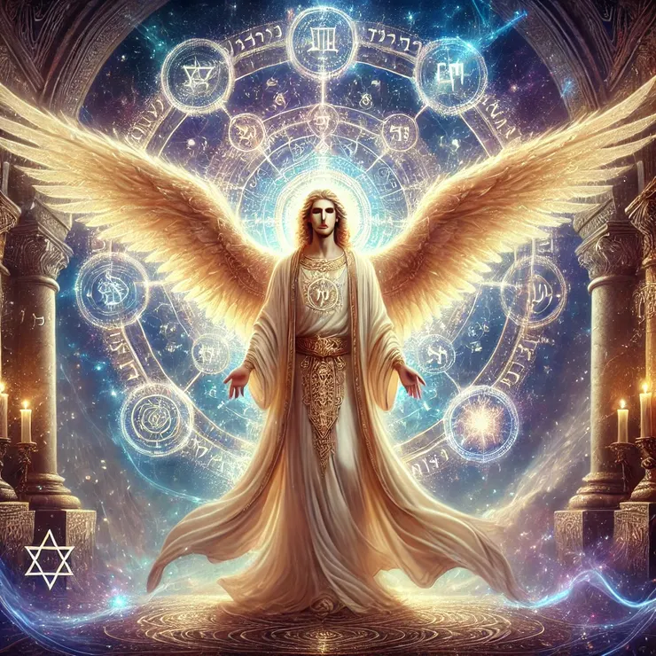 他是一位與人類性行為和卡巴拉魔法相關的天使。畫面呈現出他發光的靈性光輝，身披飄逸的長袍，上面刻有神秘符號，擁有以太般的翅膀，散發出智慧與神秘的氛圍。