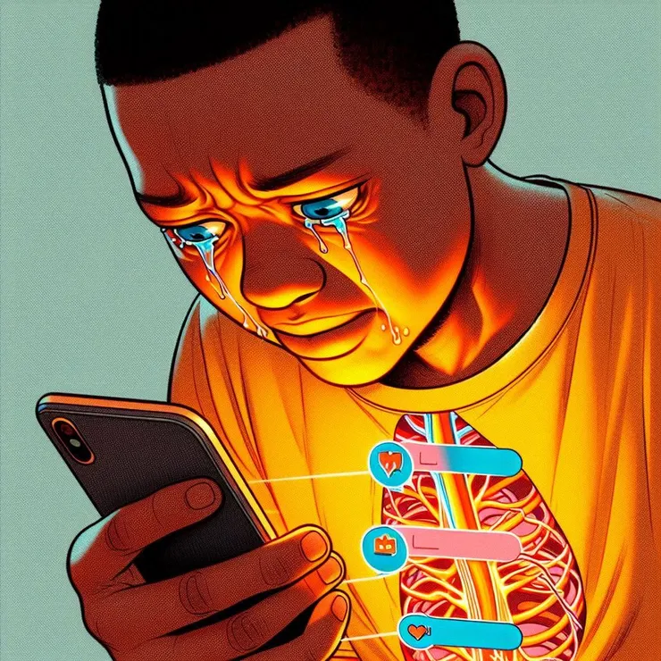 躁動能量示意圖：手機訊息滿天飛，身體產生煩、亂、躁動的能量。(圖片來源：Copilot AI 生成圖)