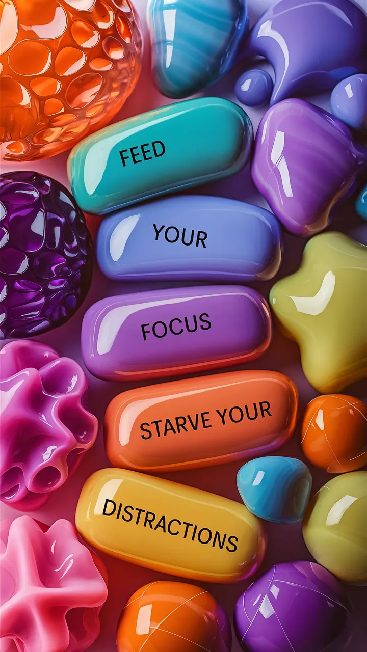 A stunning display of vibrantly colored and glossy stones and marbles, scattered in a casual arrangement. The stones come in a variety of hues, including shades of blue, purple, pink, orange, and yellow. Intricate patterns, reminiscent of organic or cellular structures, adorn some of the stones, while others feature smooth, glossy surfaces. The words 'feed your', 'focus', 'starve your', and 'distractions' are written in bold text on a few stones, creating a thought-provoking message about personal growth and self-improvement., vibrant