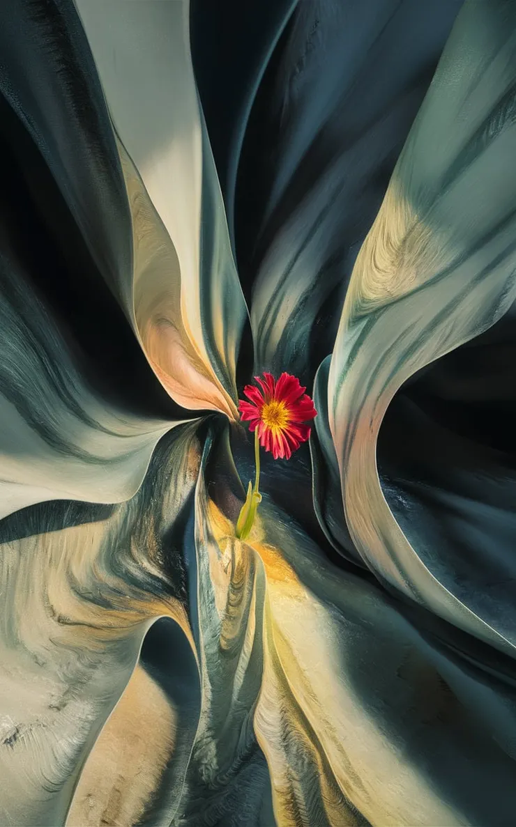 A mesmerizing 3D render of an abstract painting that delves into the intricate balance of shadow and light. The interplay of these elements generates a sense of depth and fluidity, reflecting the multifaceted nature of life. A brilliantly colored flower stands out prominently within a vast expanse of swirling hues and textures, representing the distinct journey each individual embarks upon within the broader tapestry of existence. The impressionistic style captures the raw emotion and essence of the experience, emphasizing feeling over meticulous detail, leading to a deeply stirring and contemplative masterpiece., 3d render