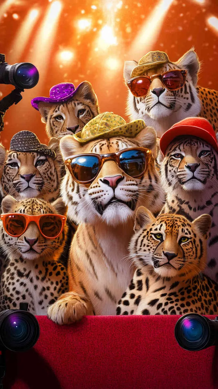 A vibrant and humorous digital painting of various big cats (lion, tiger, leopard, jaguar, cheetah, cougar) posing for a group photo like celebrities on a red carpet