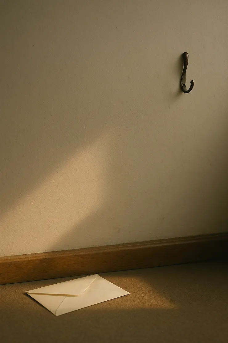 牆上留一只空掛鉤；桌面一枚半封的信封，封口留一指光。