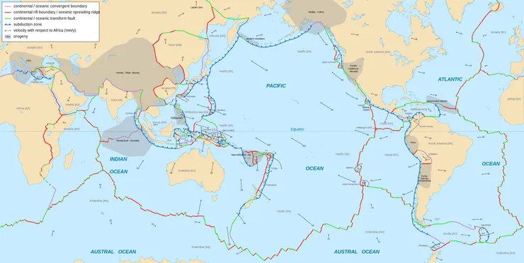 世界各板塊邊界詳略圖，由 Eric Gaba (Sting - fr:Sting) - Background map: NGDC World Coast Line dataData: Prof. Peter Bird's map, CC BY-SA 2.5, https://commons.wikimedia.org/w/index.php?curid=1307879提供