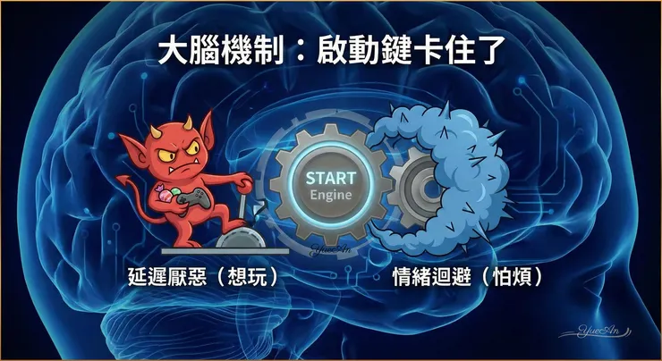 為什麼啟動鍵按不下去？大腦常被左邊的「延遲厭惡（Delay Aversion）」與右邊的「情緒迴避」夾擊。這不是孩子故意的對抗，而是神經心理學上典型的「執行功能過載」。