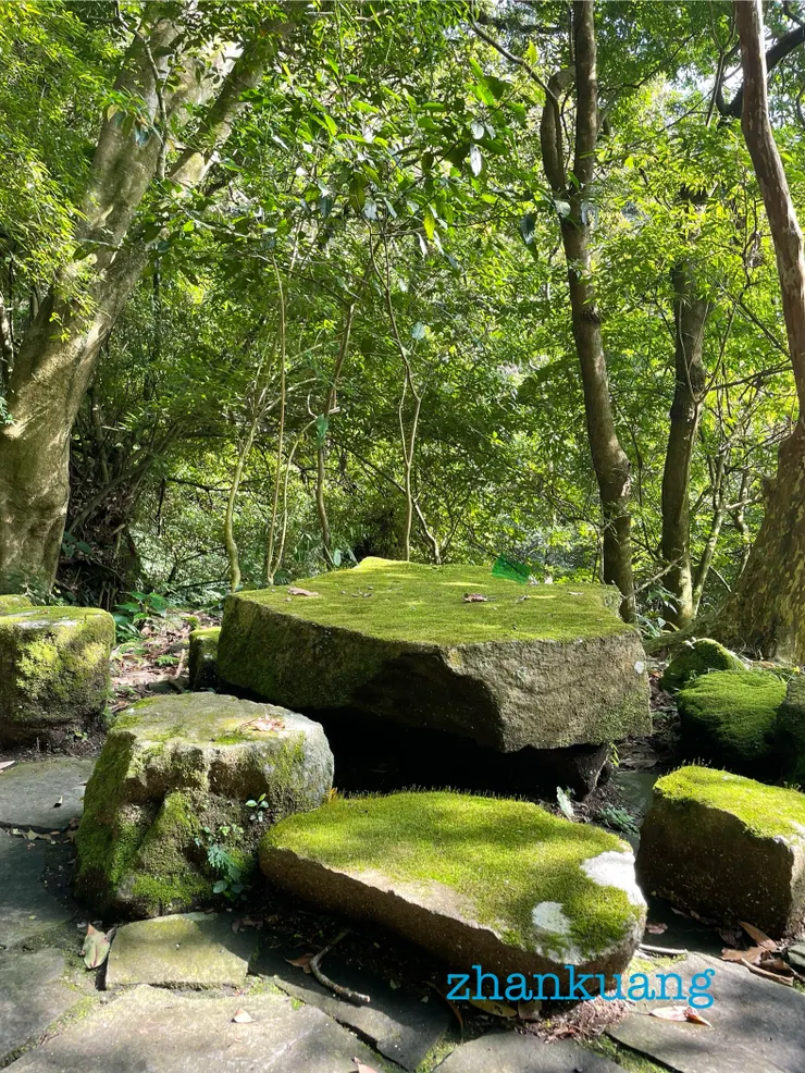 步道上布滿青苔的石桌椅