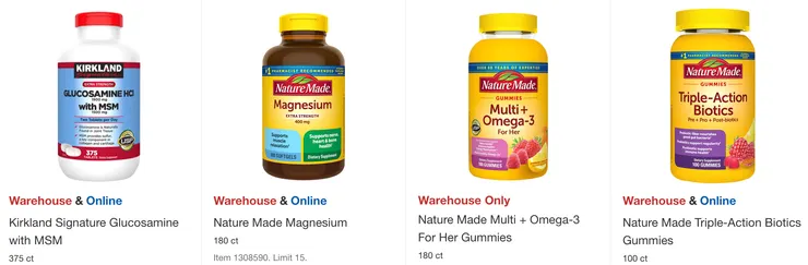 左起折扣後價格：維骨力 $16.49、鎂錠（加強版）$16.49、女性綜合維他命＋Omega $14.99、加強免疫與消化系統軟糖（加強版）$20.99。